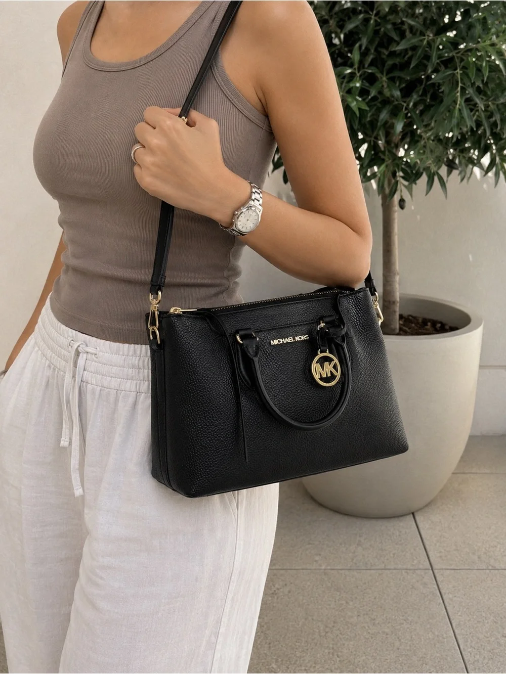 Michael Kors Black Pebbled Leather Dome Satchel with Gold Hardware